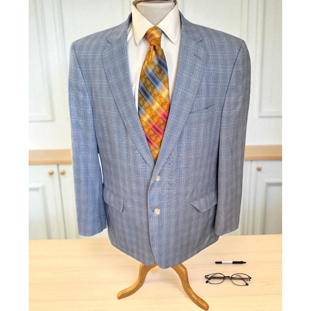 Palm Beach 46L Blazer Sport Coat Jacket Blue Plaid Lightweight Stretch Cotton‎